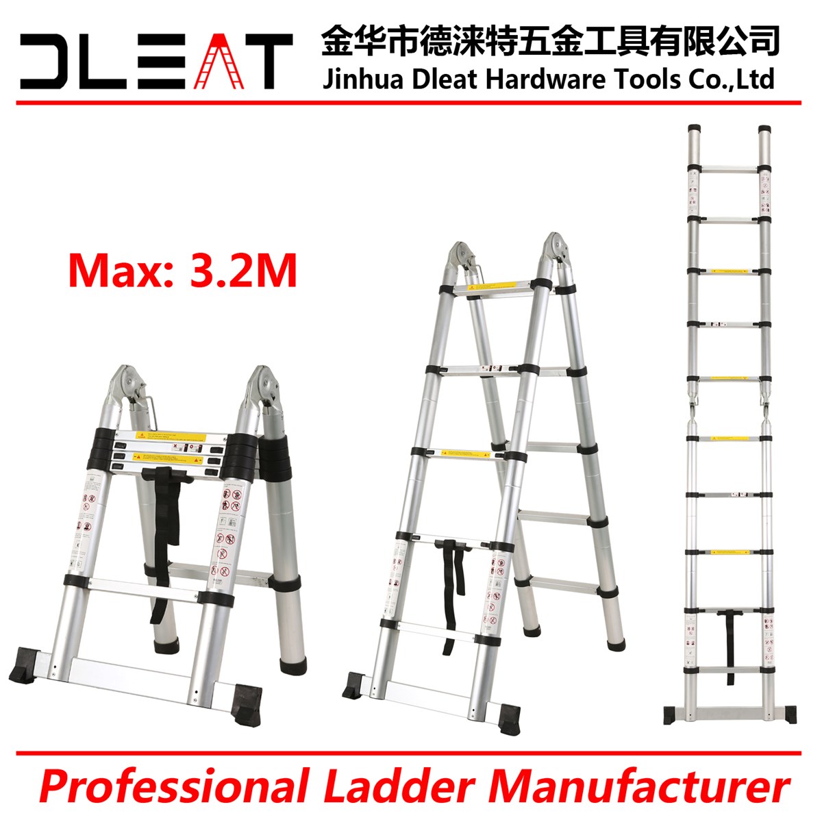 Dleat 16M16M Aluminum Double Telescopic Ladder With EN131