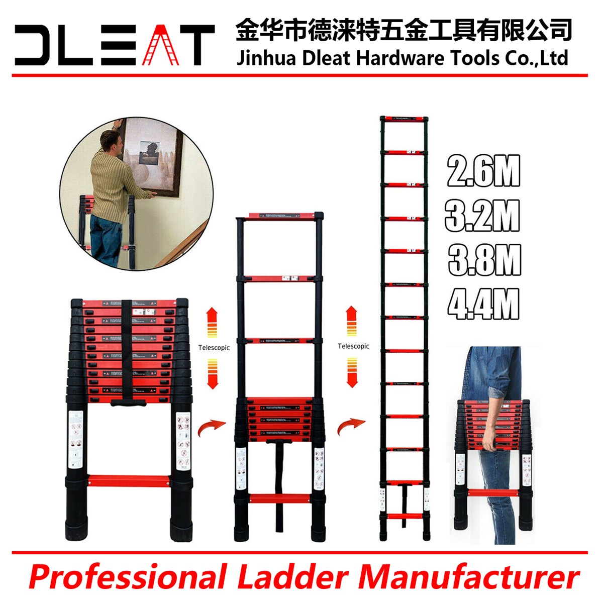 New Color Dleat 38M Aluminum Single Telescopic Ladder With EN131