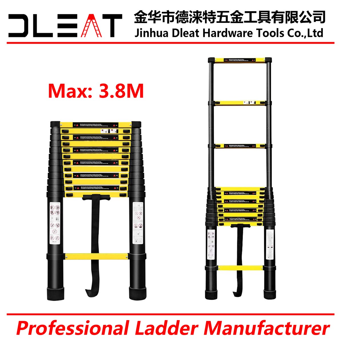 Yellow With Black Dleat 38M Aluminum Single Telescopic Ladder With EN131