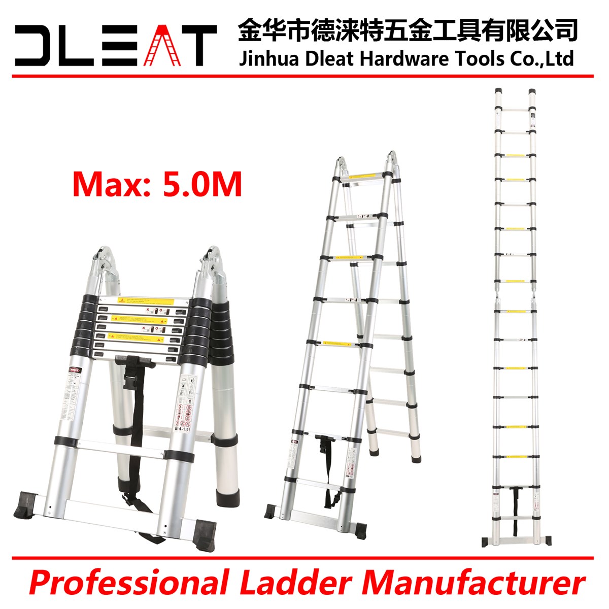 Dleat 25M25M Aluminum Double Telescopic Ladder With EN131