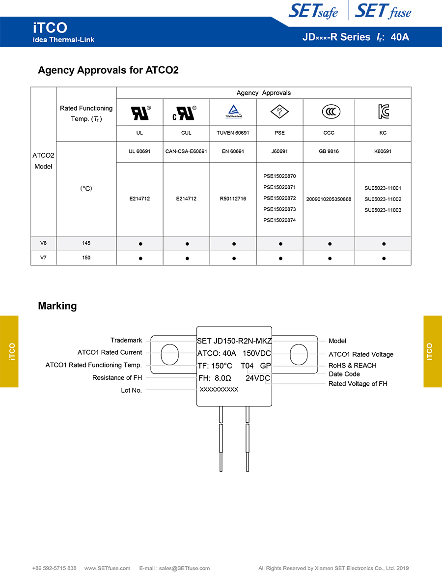 Itco Jd Series 150 VDC Idea Thermal Link Fuse Cutoff Motor Protector Manufacturers with UL cUL TUV PSE CCC Kc