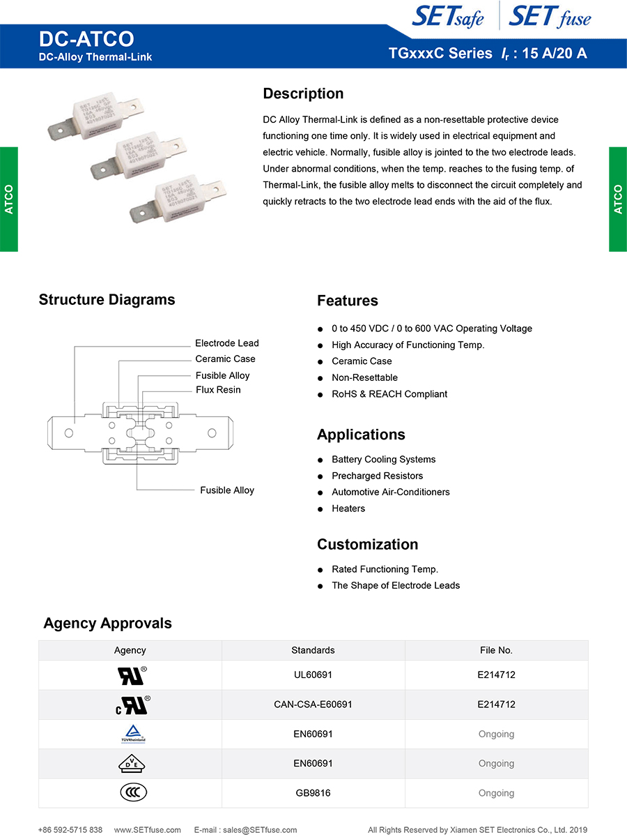 Tgxxxc Series 15A 450VDC DC Alloy Atco Thermal Fuse Link Cutoff Motor Protector Manufacturers