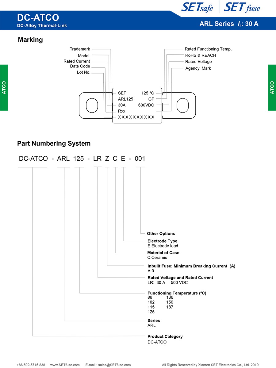 Arl Series 30A 600VDC DC Alloy Atco Thermal Fuse Link Cutoff Motor Protector Manufacturers