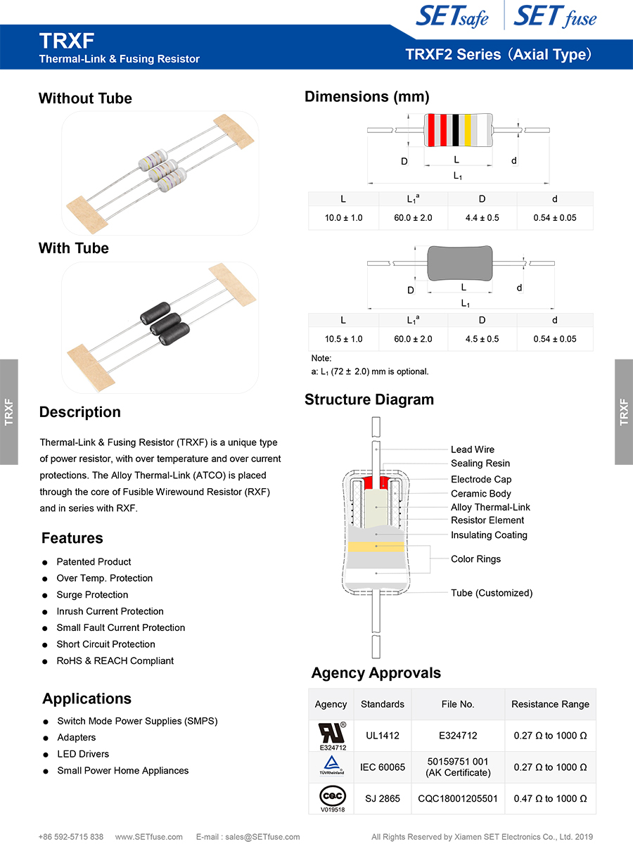 Trxf2 Axial Type Series ThermalLink Fusing Resistor TRXF Power Resistor Rxf Manufacturers with UL TUV CQC