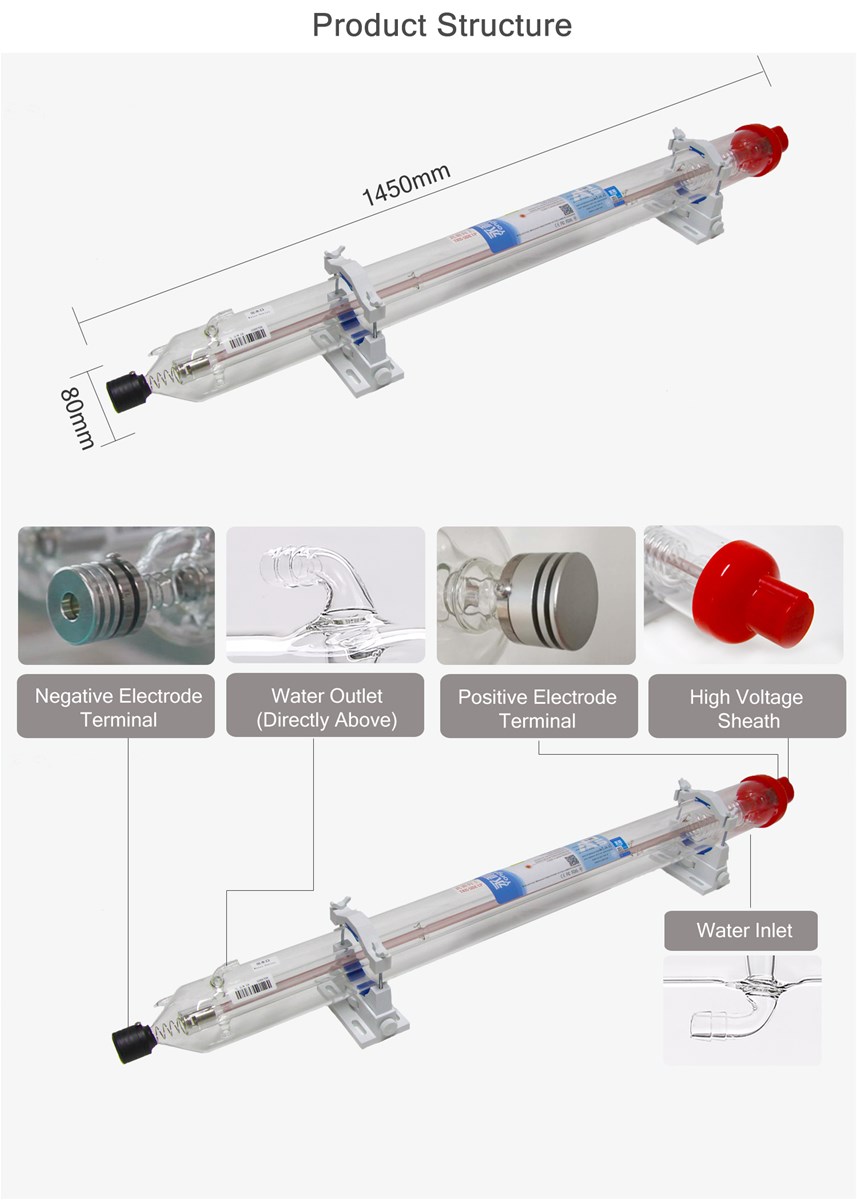 YONGLI 100w CO2 LASER TUBE 80w CO2 LASER TUBE CUTTING MACHINE TUBE