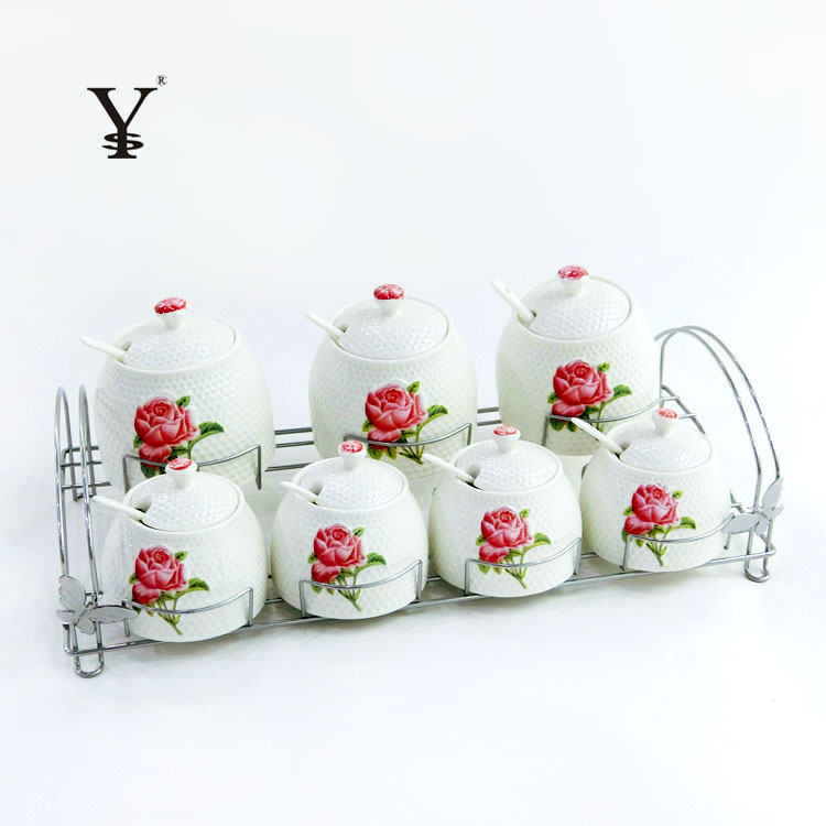 7pc Storage Pots White Porcelain Rose Decoration Canister Set With Holder Ceramic Tea Coffee Sugar Pots