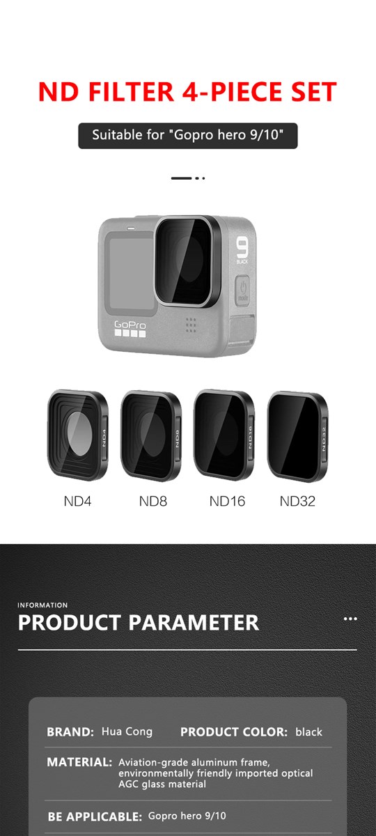 ND Filter Set of 4 ND4ND8ND16ND32 for Gopro Herp 9 Hero 10 Camera