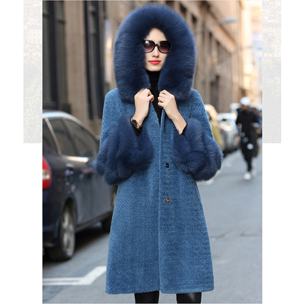 New Sheep Shearing Coat WomenS Elegant Medium Long Fur Coat Granular Wool Fox Fur Collar Big Fur Cuff Sheepskin Coat