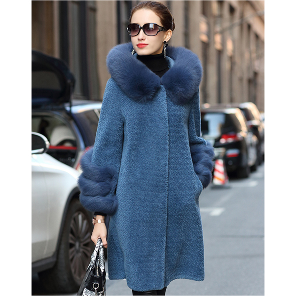 New Sheep Shearing Coat WomenS Elegant Medium Long Fur Coat Granular Wool Fox Fur Collar Big Fur Cuff Sheepskin Coat