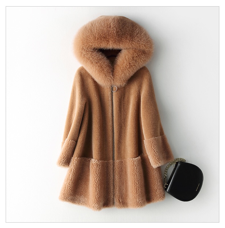 Winter Fox Fur Collar Plush Wool Overcoats Female Thick Plus Size Outfit Warm Fur Hooded Ladies Jacket Winter