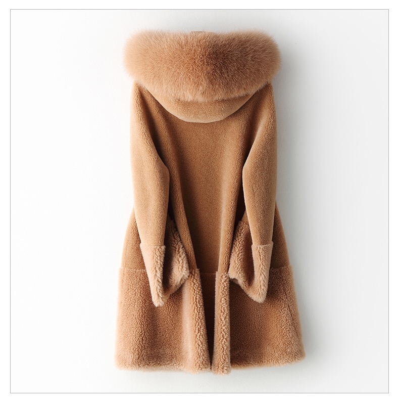 Winter Fox Fur Collar Plush Wool Overcoats Female Thick Plus Size Outfit Warm Fur Hooded Ladies Jacket Winter