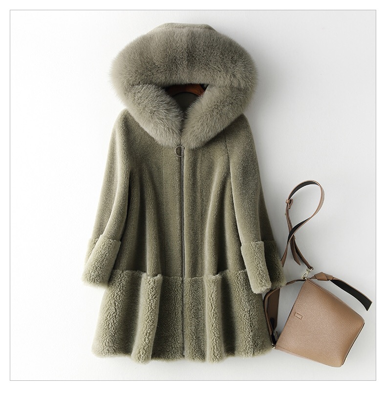 Winter Fox Fur Collar Plush Wool Overcoats Female Thick Plus Size Outfit Warm Fur Hooded Ladies Jacket Winter
