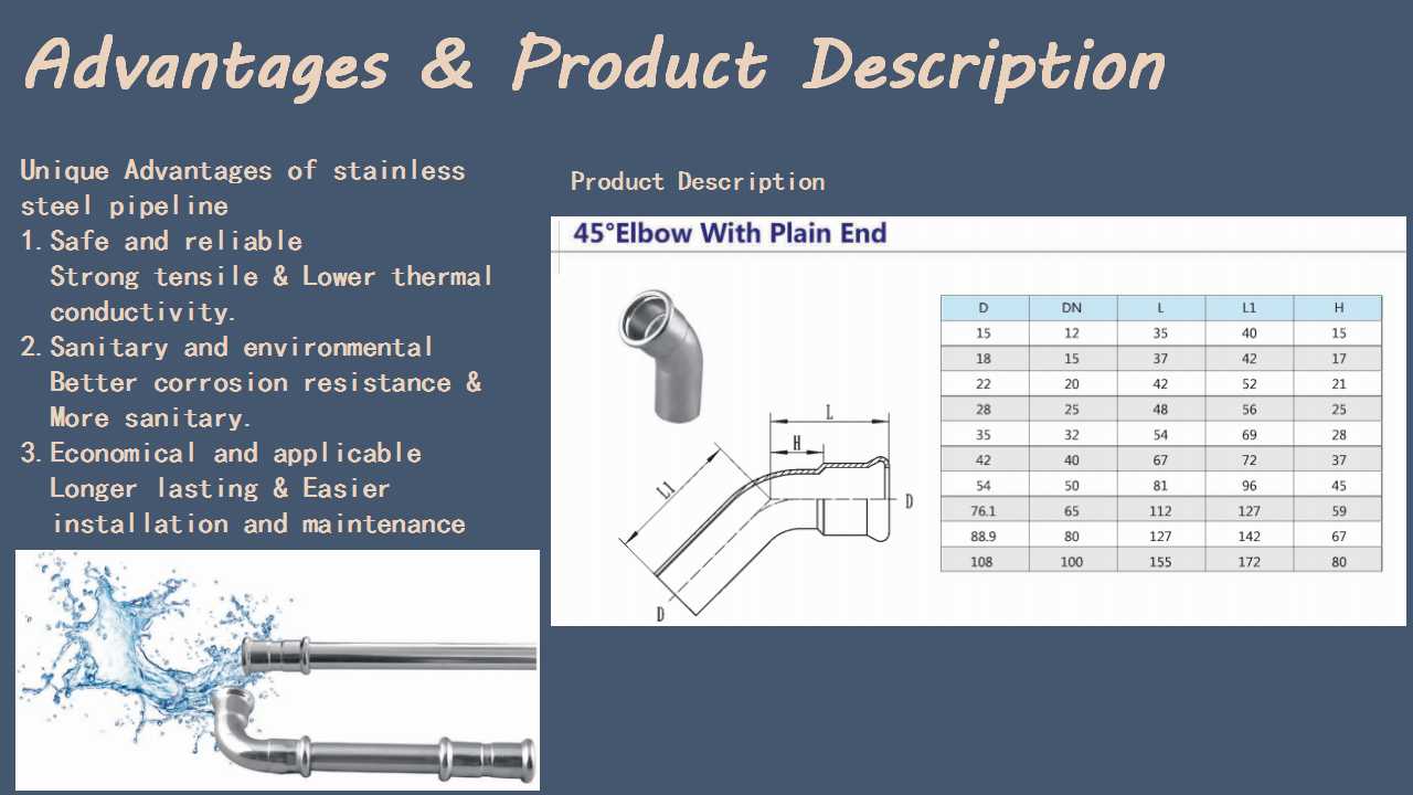 STAINLESS STEEL PRESS FITTING 45 DEGREE ELBOW with PLAIN END