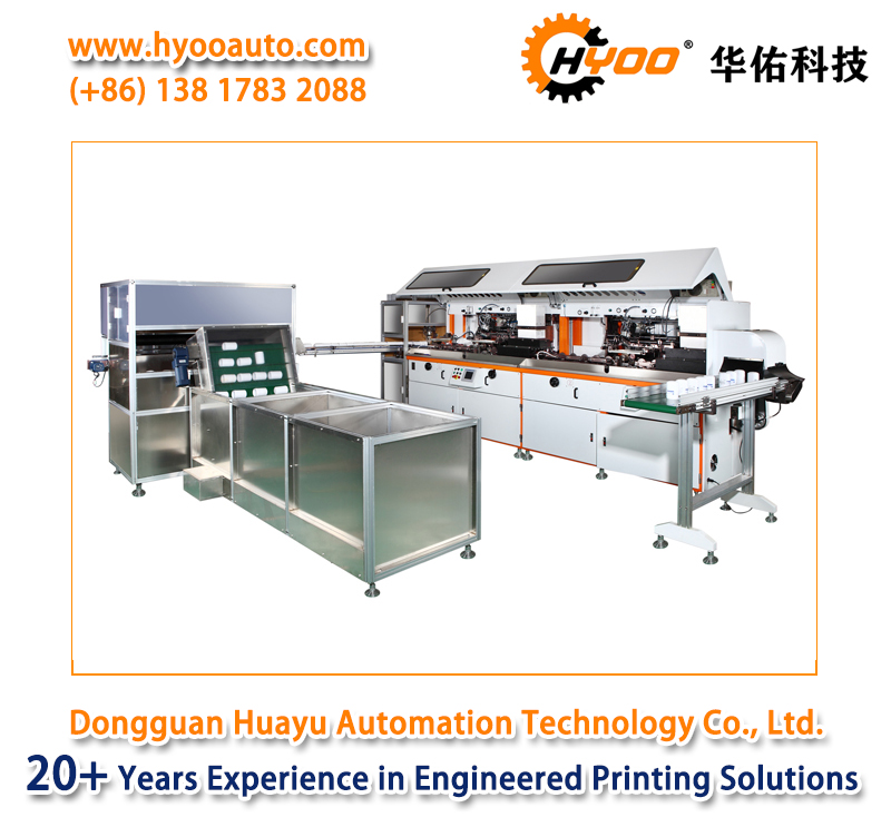 HYOO HY7672F Two Colors Fully Automatic Sorting Feeding Screen Printing and UV Curing Production Line