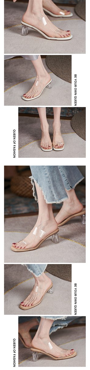 2021 new summer net red transparent sandals womens middle heel thick heel crystal high heels fairy style oneline belt