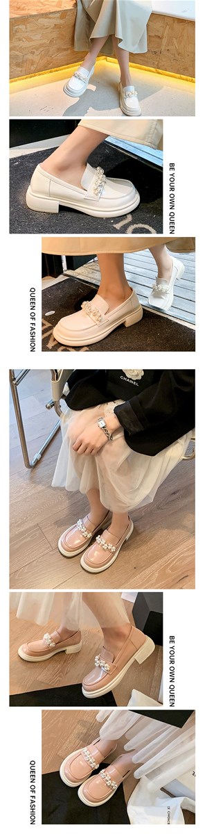 Thick soled Mary Jane shoes pearl round head British style small leather shoes womens minority JK retro square head MID