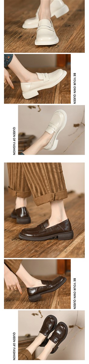 European spring new fashion thick bottom shallow mouth round head small leather shoes womens Lefu shoes leather versati