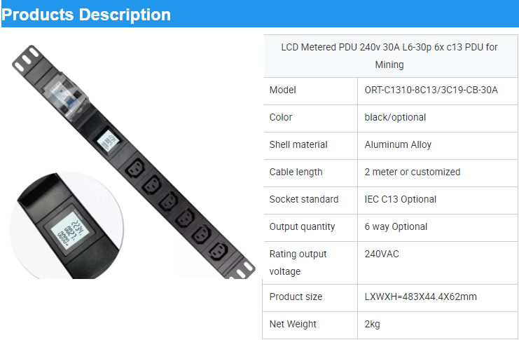 ETL Certificated 30A Mining PDU 8Way C13 3Way C19 Sockets PDU with LCD Meter I630P Plug for PC PSU Cables