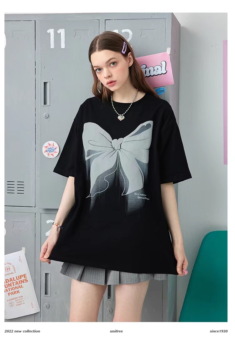 Bowknot Short Sleeve Front Shoulder T-Shirt Couple Outfit Foamed Print Oversize Cool Oversize Top