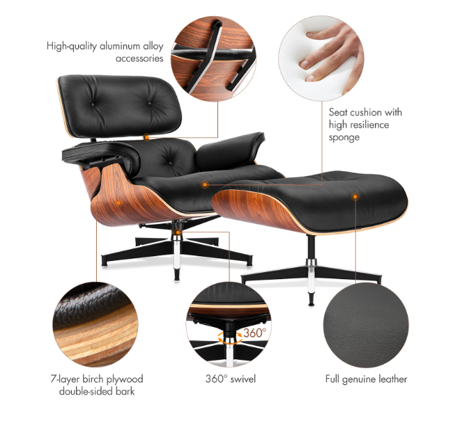 Replica Lounge Chair with Ottoman Black Lather Walnut Wood Genuine Leather Chaise for Living Room