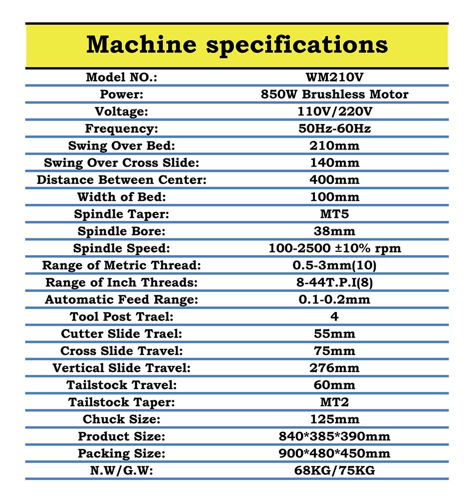 WM210V Metal Lathe850W Brushless Motor All Steel Gear Lathe38mm Spindle Bore Hole 125mm Chuck Mini Lathe Machine