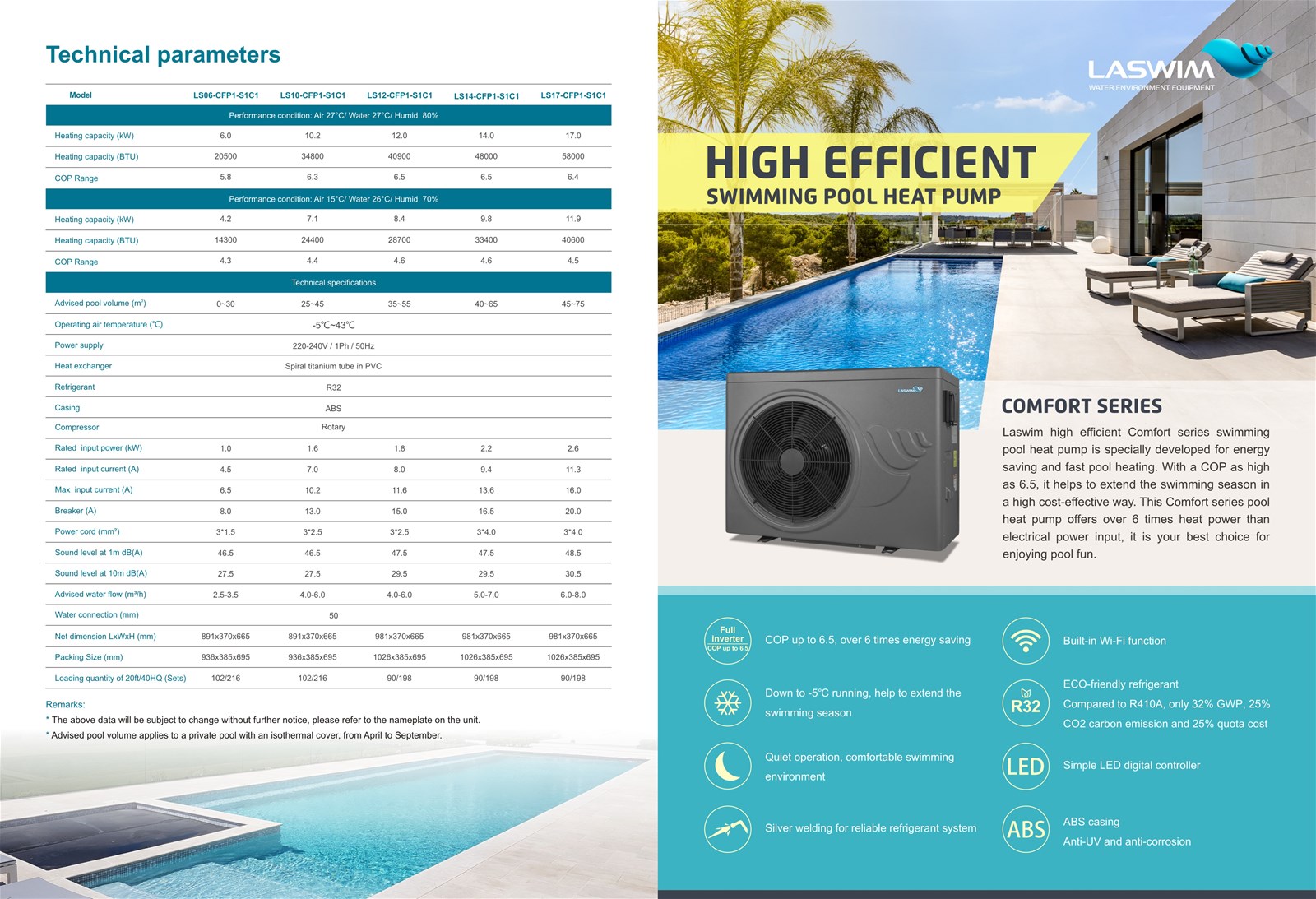 High Cop and Low Noise High Efficient Comfort Series Swimming Pool Heat Pump