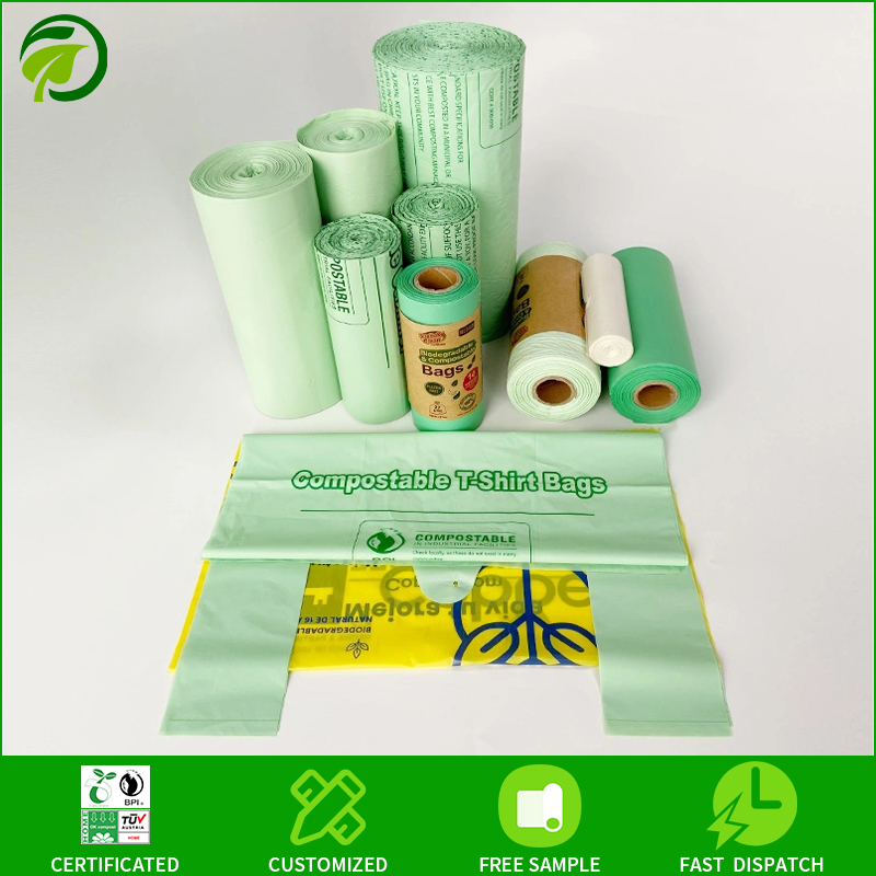 Certified Custom PLA 100% Biodegradable Compostable Cornstarch Plastic Trash Bags Green Biodegradable Carrier Plastic Ga