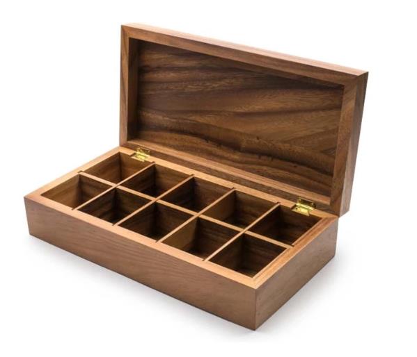 DS Handmade Hot Stamping Logo 6 compartments Solid Wood Tea Bag Organizer Custom Wooden Tea Box