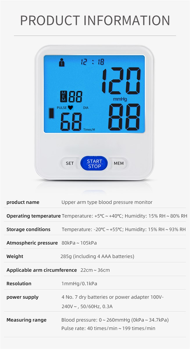 upper arm automatic blood pressure monitor with back light