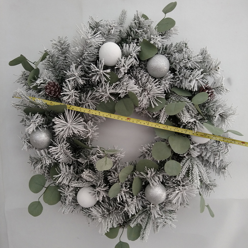 Christmas wreath with snow white powdersilver powder 3 eucalyptus leaves 12 white edge plastic pine cones