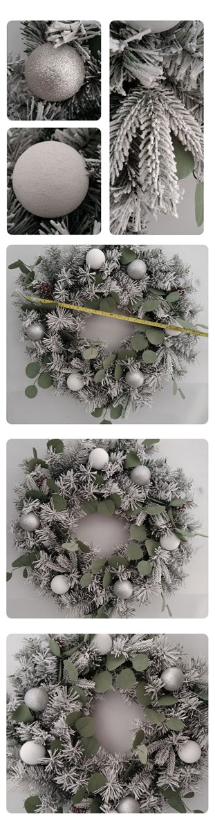 Christmas wreath with snow white powdersilver powder 3 eucalyptus leaves 12 white edge plastic pine cones