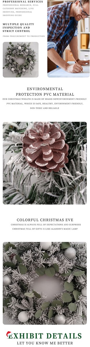 Christmas wreath with snow white powdersilver powder 3 eucalyptus leaves 12 white edge plastic pine cones