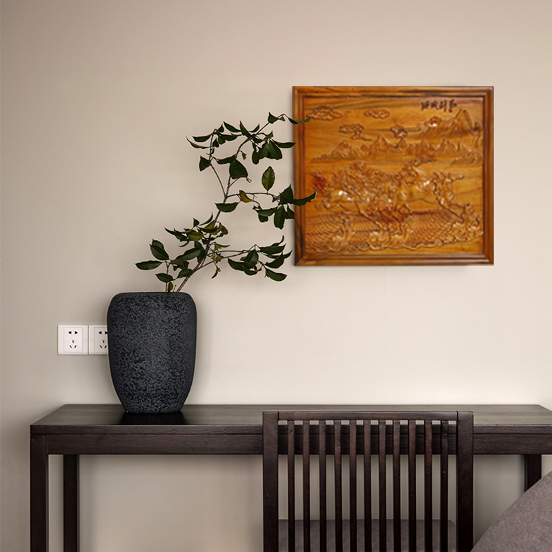 Wood carving hanging plaque Ma Zhicheng camphor wood hanging screen solid wood wall hanging rectangular plaque home wall