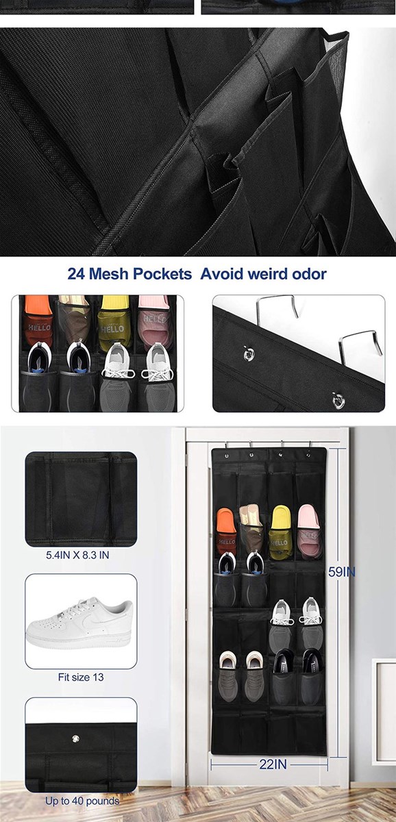 Hanging Shoe Rack with 24 mesh pockets for men women and children 4 hooks for mailbox contact