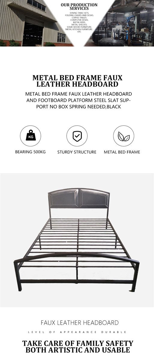 Metal Bed Frame Faux Leather Headboard and Footboard Platform Steel Slat Support No Box Spring NeededBlack
