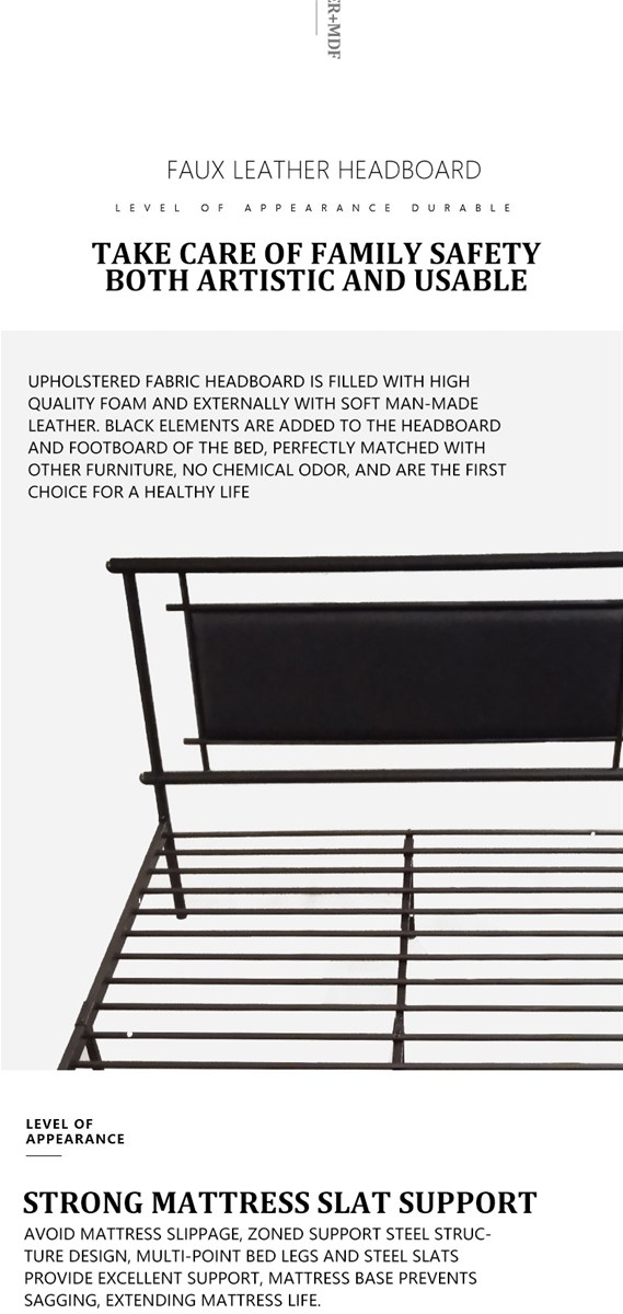 Black Metal Bed Frame with Soft Headboard