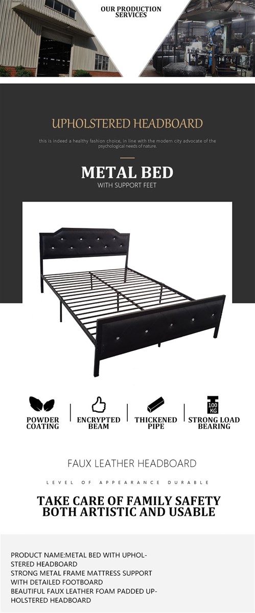 Metal Bed with Padded Headboard