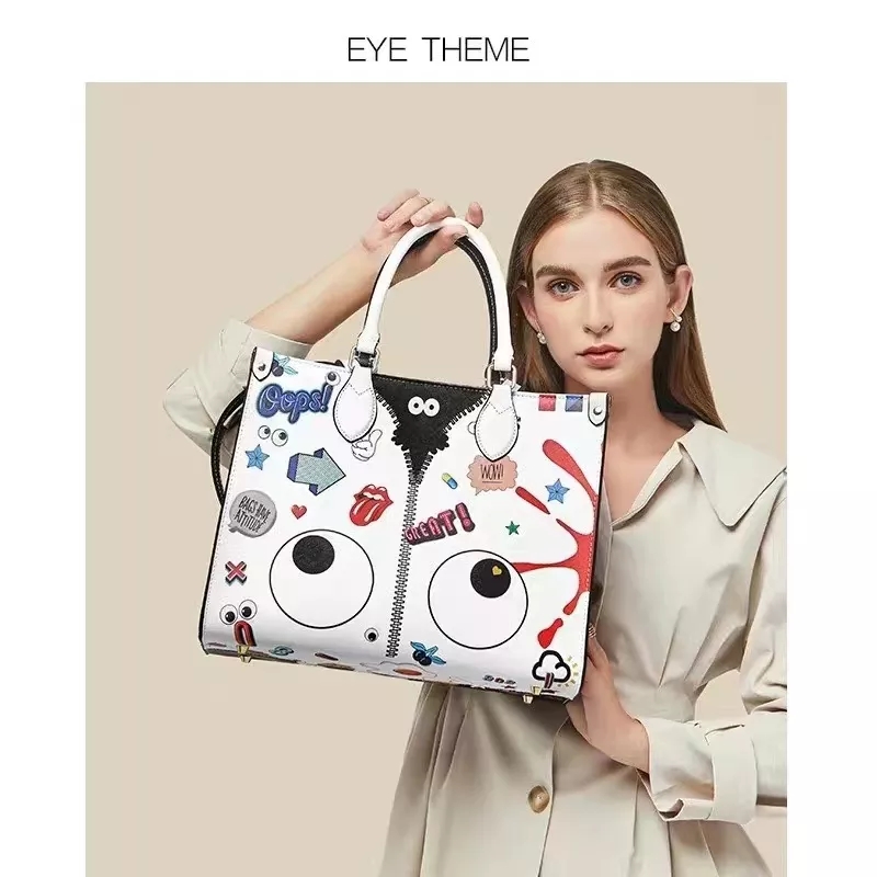Stylish girls college trendy combine white and black handbag women eye theme cute bags