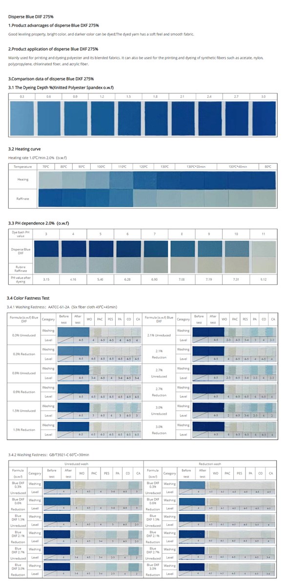 DXF 275 Disperse Blue DXF 275 Mainly used for printing and dyeing polyester and its blended fabric