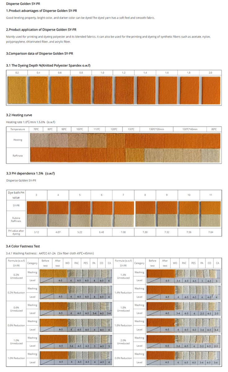 SYPR Disperse Golden SYPR Mainly used for printing and dyeing polyester and its blended fabric