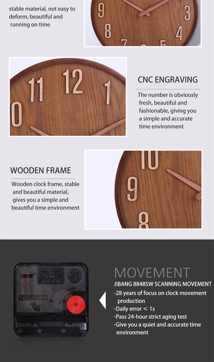 Dark brown wall clock Simple wooden clock stand in northern Europe