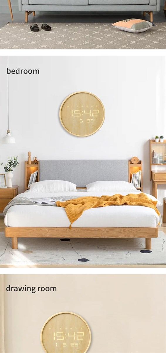 Yellow round alarm clock Simple wooden clock stand in northern Europe