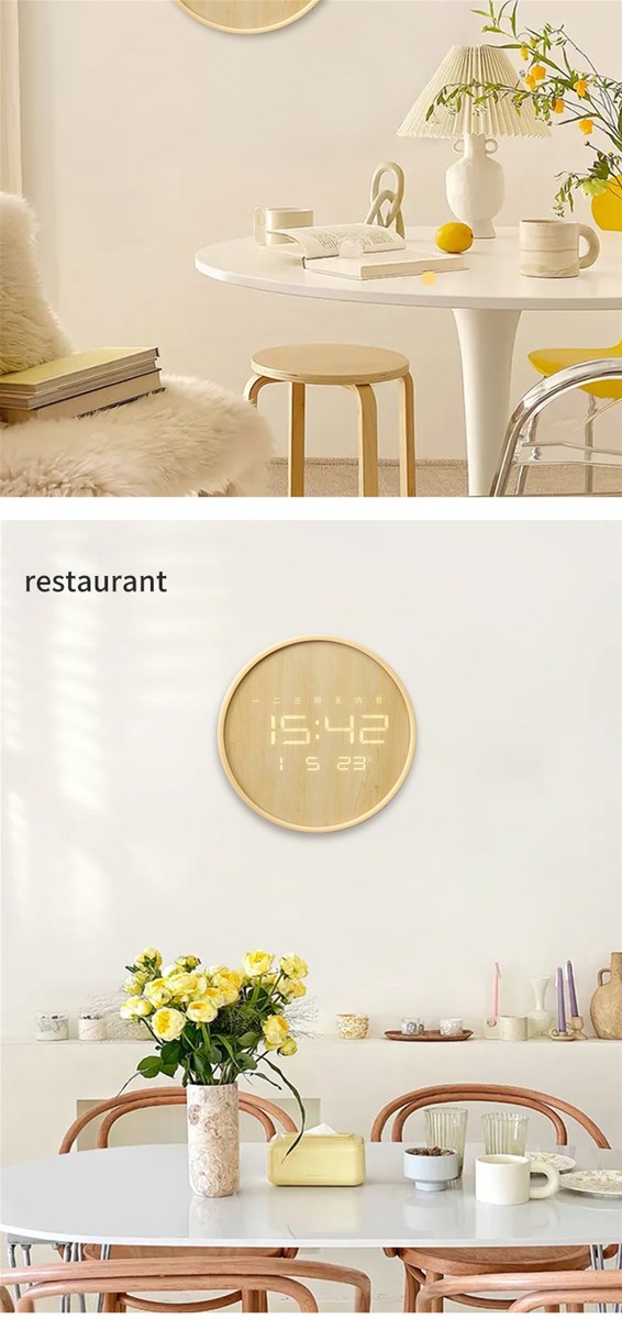 Yellow round alarm clock Simple wooden clock stand in northern Europe