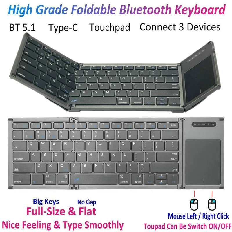 Full Size Fold Folding Foldable Bluetooth Keyboard with Touchpad for Windows Android Ios Mac for iPad Computer Tablet PC