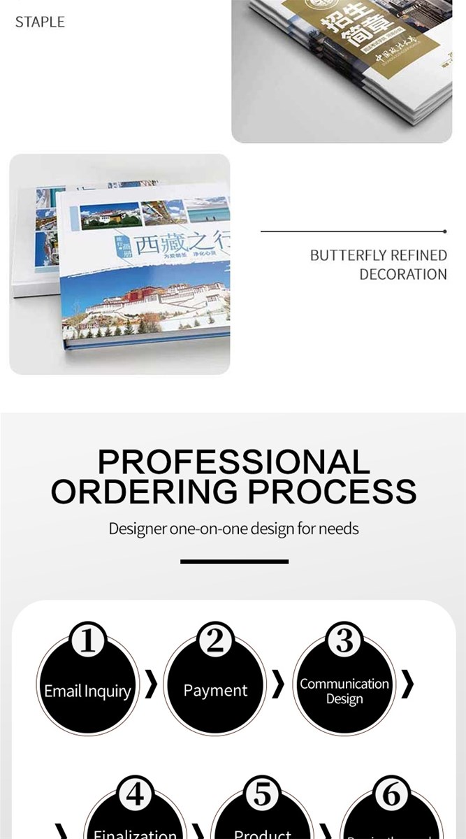 The cover of the book is four color coated paper with double adhesive paper customized according to customer requiremen