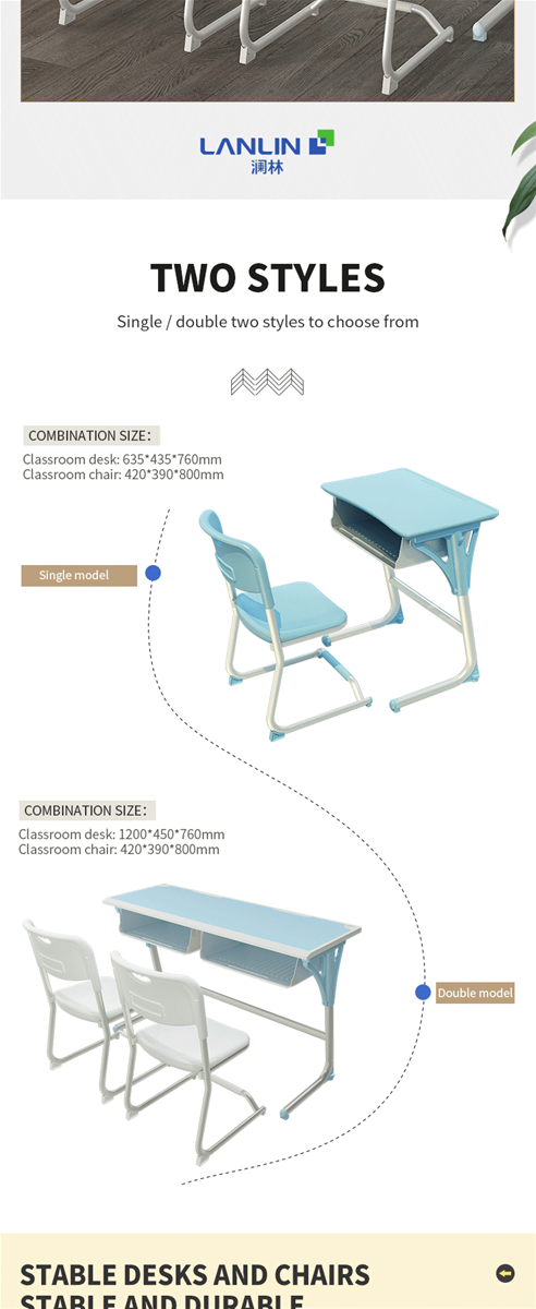 School classroom single double combination desks and chairs