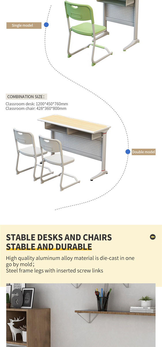 School classroom single double desks and chairs