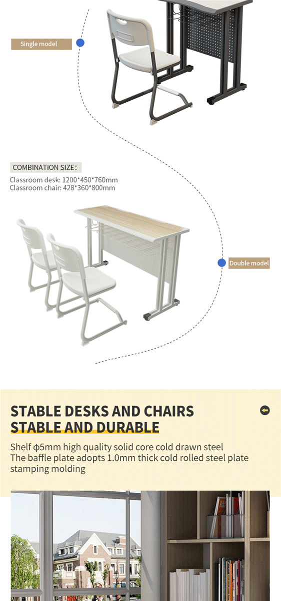 School classroom single double desks and chairs