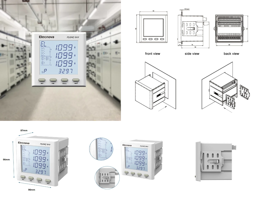 Three Phase Smart Panel Mount LCD Display RS485 Communication Digital AC Multifunction Power Meter