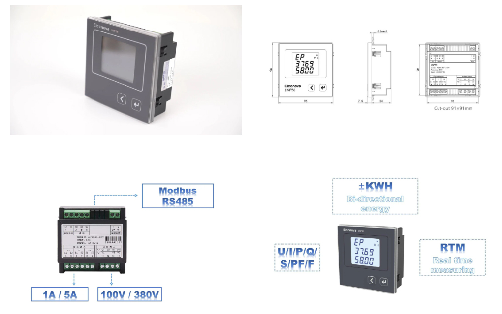 9696mm Thd Harmonic Monitoring 3p4w RS485 Multi Functional AC Digital Ammeter Voltmeter Basic Energy Meter